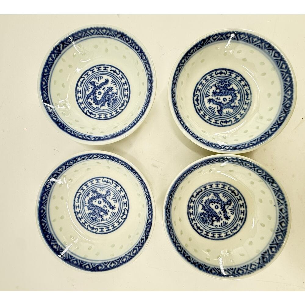 Asian Blue White Dragon Sauce Plates Set of 4 Porcelain Dipping Bowls 4 Inch New